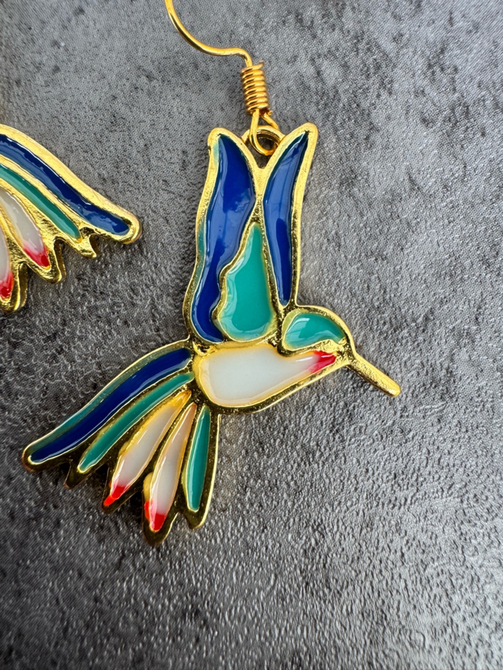 Gold-Tone Multicolor Hummingbird Enamel Drop Earrings - Blue & Green - Picture 3 of 5
